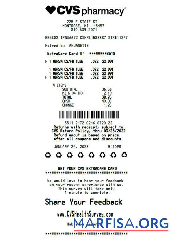 Blank CVS pharmacy receipt real example